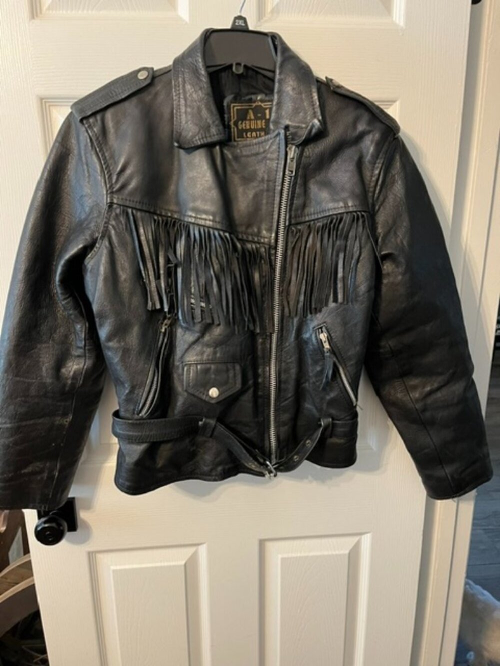 Black Leather Fringed Motorcycle Jacket Zip Up Multiple Pockets